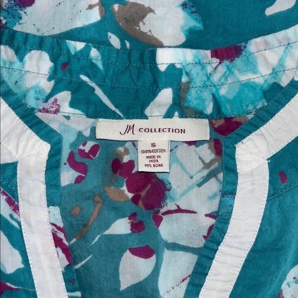 🍪 JM Collection Floral Teal Cotton Tunic Top 16 - Picture 3 of 5